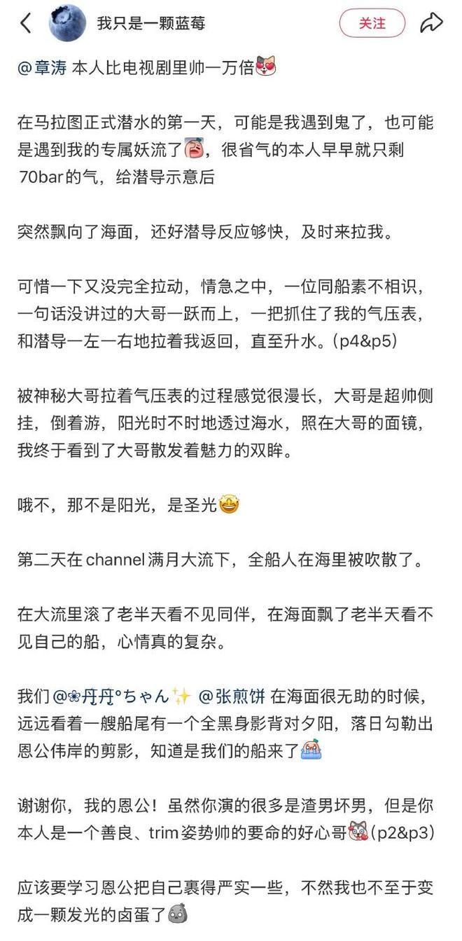 演员章涛被曝救出潜水遇到意外的游客