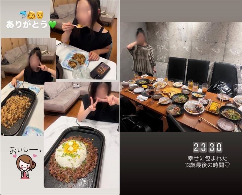 女童也常贴出与其他成员聚餐画面，桌上放满酒类饮料。（组合图／翻摄自X）